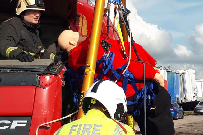 A Bariquin bariatric training mannequin in a HGV Heavy goods vehicle) RTC (road traffic collision) extrication scenario.
