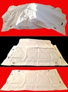 Bariatric body bags with a Bariquin in (top) open and empty (middle) zipped up and empty (bottom).
